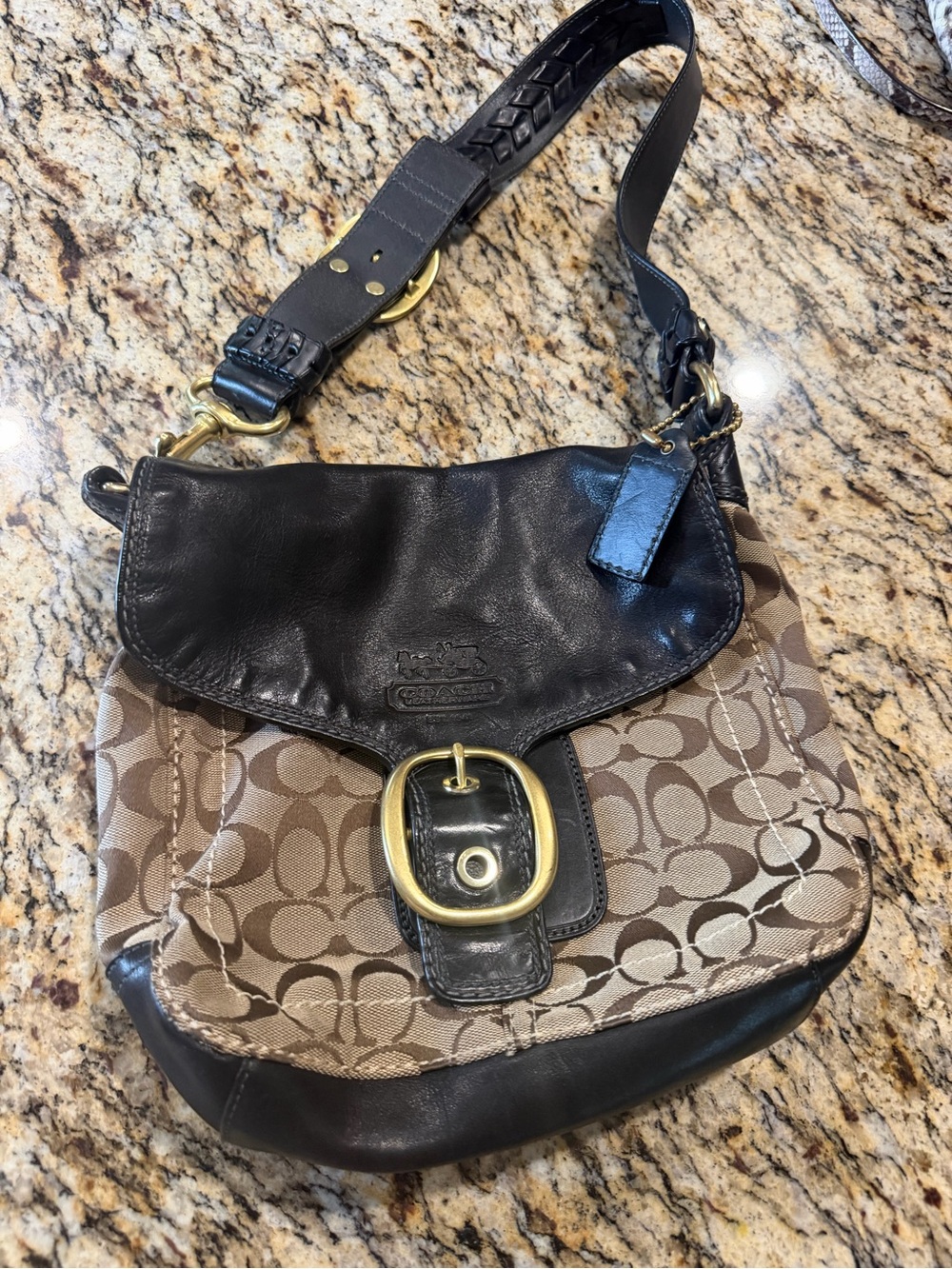 Coach Brown Signature Canvas and Black Leather Shoulder Bag with Gold Hardware